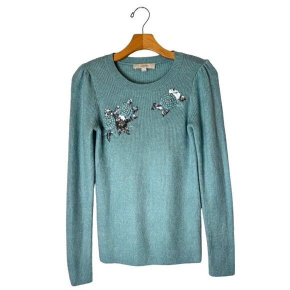 Loft Sweater Women XS Blue Green Fuzzy Knit Puff Sleeve Jewel Crochet Pullover - Picture 2 of 10